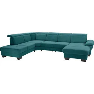Wohnlandschaft PLACES OF STYLE "Cornwall U-Form", blau (petrol), B:360cm H:84cm T:253cm, Struktur fein (100% Polyester), Luxus-Microfaser weich (90% Polyester, 10% Polyamid), Sofas, inkl. Sitztiefenverstellung, wahlweise mit Bettfunktion