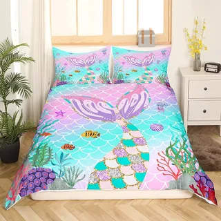 Meerjungfrauen Schwanz Bettbezug Fischschuppen Bettbezug für Kinder Girly 135 x 200 Regenbogen Bettwäsche Set Ozean Leben Meerestier Bettwäsche Pailletten Pastellrosa Pailletten Schlafzimmer Dekor