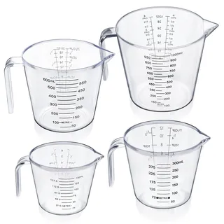 Lychico Messbecher-Set mit 4 Stück, BPA-frei, stapelbare Messbecher mit Ausguss und Griff, Kunststoff-Krüge 150 ml/300 ml/600 ml/1000 ml mit Ml Oz Cup Messung