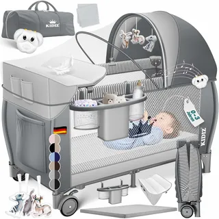 Kidiz KIDIZ® Babybett Reisebett Kinderreisebett Faltbar mit Matratze 120x60, Seiteneingang, Wickelauflage, Mosktionetz, Spielbogen & Tragetasche Baby Beistellbett Kinderbett ab Geburt bis 15 kg