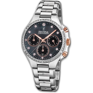 Festina Chronograph Festina Edelstahl Damen Uhr F20401/4, Damenuhr mit Edelstahlarmband, rundes Gehäuse, mittel (ca. 36mm), Spor silberfarben