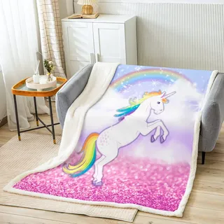Verträumte Einhorn Decke 75x100cm Flanell Fleecedecke Kinder Mädchen Rosa Lila Kuscheldecke für Frauen Farbe Regenbogen Pferd Weißhe Mikrofaser Wohndecke