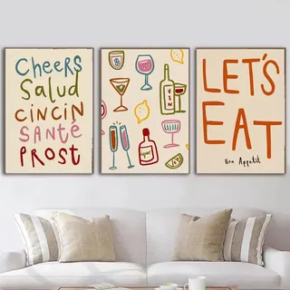 AQCQDQ 3er Food Poster Set, Modernes Retro, Bunte Cocktail & Wein Motive, Leinwandbilder Wanddekoration für Küche oder Esszimmer, Ohne Rahmen (21x30cm)