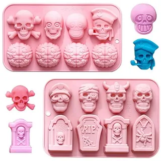 LuxusKollektion Schokoladenform Silikonform Halloween 2er Set Totenkopf Grabstein Gehirn Pralinen rosa