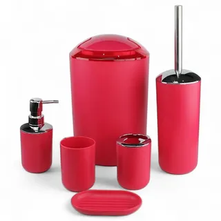 6tlg Badset Badezimmer Zubehör Set Organizer: Seifenspender, Zahnputzbecher, Kosmetikeimer, WC Bürste und Halter, Seifenschale, Mülleimer, Zahnbürstenhalter, Badgarnitur (Rot Design 3)