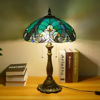 BOTOWI Tiffany Stil Tischlampe Grün Buntglas Viktorianisch Lampenschirme 16X16X24 Zoll Vintage Schreibtisch Lesen Licht Dekor Schlafzimmer Nachttisch Wohnzimmer Büro,Lotus Base