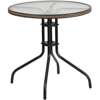 Flash Furniture Barker runder Tisch aus gehärtetem Glas mit dunkelbrauner Rattaneinfassung, 71,1 cm