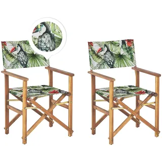 GARTENSTUHL 2er-Set Akazienholz dunkelbraun Auflagen cremeweiß/bunt Tukanmotiv Cine
