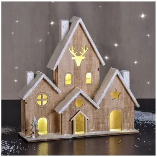 Spetebo LED Dekoobjekt LED Deko Haus 25 cm - 6 LED - Tisch Weihnachtsdeko, 2, LED, warmweiss, Beleuchtetes Holz Haus 25 cm braun