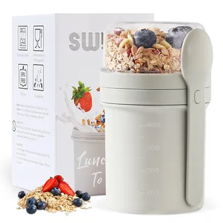 Swkien MüSlibecher to Go, Joghurtbecher to Go 450ml+250ml, Joghurt to Go Becher mit Löffel, Müsli Becher to Go für Müsli & Joghurt, Auslaufsicherer Müsli Cup to Go, Lunchpot(Hellgrau)