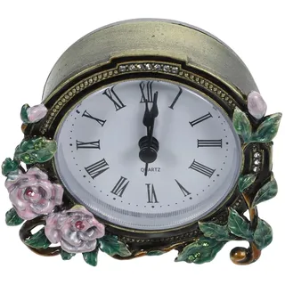 HAWILLOSCH Vintage Mini Tischuhr Aus Stabilem Material Mit Emailleblumen Dekorative Retro Schreibtischuhr Kleine Elegante Zimmeruhr Für Wohnzimmer Und Home Office Deko