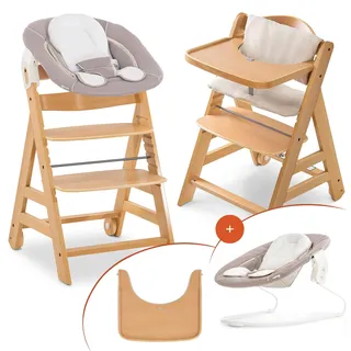 hauck Alpha Move Newborn Set - Baby Holz Hochstuhl ab Geburt inkl. 2in1 Aufsatz für Neugeborene, Sitzpolster & Essbrett - mitwachsend & verstellbar