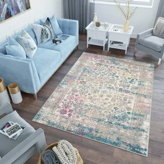 TAPISO Lazur Teppich Kurzflor Grau Blau Creme Rosa Ornament 180 x 260 cm | Klassisch Verwischt Orientalisch Wohnzimmer Schlafzimmer Modern Design OEKO-TEX