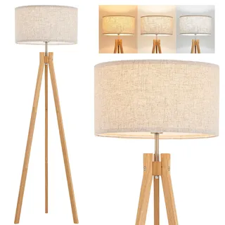 ELYONA Stehlampe Holz Dreibein mit Tisch, Skandinavische Massivholz Standleuchte mit Leinen-Schirm, Moderne Tripod Lampe mit Ablage für Wohnzimmer & Schlafzimmer, Inkl. 3-Farben LED, Natur