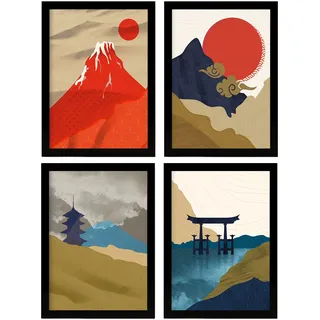 Nacnic Set mit 4 Postern von Japan Tempel. Blätter und Illustrationen mit orientalischer Ästhetik. Inneneinrichtung und Dekoration. A4 ohne Rahmen.