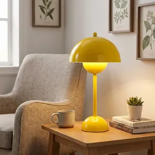 Alpinaluz Vintage Retro Tischlampe aus Stahl in Gelb mit skandinavischem Design und doppelter halbkugelförmiger Metalllampe, sanftes indirektes Licht, E27 Fassung, ideal für Schlafzimmer
