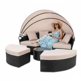 Melko Sonneninsel Gartenmuschel Polyrattan mit Sonnendach 184x184x141 cm | UV-beständig und pflegeleicht, für 2-3 Personen, abziehbare waschbare Kissenbezüge, für Garten, Terrasse und Balkon, Schwarz