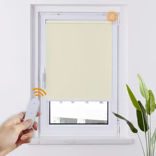 HOMEDEMO M100 Elektrische Rollos Verdunkelungsrollo mit Motor & Fernbedienung, Creme 70x100cm(BxH), Smart Rollo ohne Bohren klemmfix & mit Bohren, Sonnenschutz Sichtschutz Rollo für Fenster