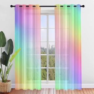 Hiseng Voile Vorhänge mit Ösen Durchsichtig Halbtransparent Ösenvorhang für Fenster Wohnzimmer Schlafzimmer Farbverlauf Elegante Moderne Transparent Gardine 2er Set (140x160cm,Regenbogen)