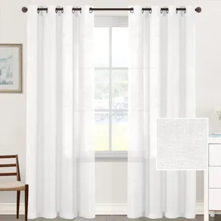 Tenger Home Natur Leinen Gardinen Transparent Vorhänge Voile Gardinen Wohnzimmer Halbtransparent Leinengardine mit Kräuselband Linen Curtains Wohnzimmer 2er Set (Weiß, B 150 x H 245 cm)