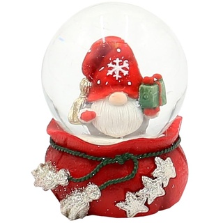 Schneekugel Weihnachtswichtel mit Geschenk auf rotem Sockel mit Sternen, L/B/H/Ø Kugel 4,8 x 4,5 x 6,5 cm Ø 4,5 cm