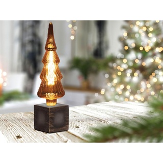 Kleine Tischlampe Würfel Grau 9x9cm mit Deko LED Tanne Weihnachtsbaum Gold