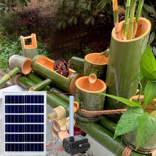 Bambus-Brunnen-Set mit Pumpe und solarbetriebenem Wasserbrunnen mit Wasserrad, Zen-Gartenbrunnen, glatter, splitterfester Bambus, für drinnen und,35"