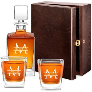 Maverton Whiskey Dekanter 810 ml + 2/4 / 6er Whisky Gläser Set mit Gravur - personalisiertes Whisky Karaffe Set für Männer - Glas Karaffe mit Gläsern für Whiskygenießer - Initiale