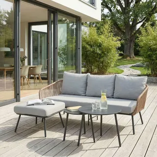 IDIMEX Gartenlounge Mykonos, braun/grau - Balkon Lounge Sofa mit Dreisitzer, Hocker & Beistelltisch, Wasserabweisende Kissen, wetterfest für Balkon und Terrasse
