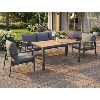 Beautysofa Gartenlounge-Set WINSTON Dining Lounge Set, (Gartenmöbel für Terrasse Balkon Garten, 4-tlg., 2 Sessel + 3-Sitzer Sofa + Esstisch), wasserabweisende Polster, ergonomische Sitzhöhe, Dark Grey grau