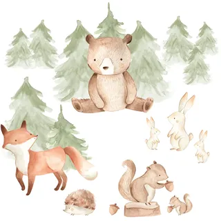 Pandawal Wandtattoo Waldtiere Bär Fuchs Hase Wandaufkleber Kinderzimmer Deko Wandbilder Tiere Babyzimmer Wanddeko (L)