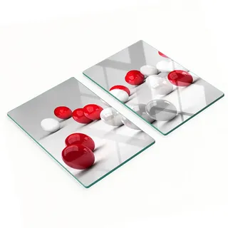Zwei Dekorative Glas-küchenbretter Mit Roten Und Weißen Kugeln, 2 X 40 X 52 Cm