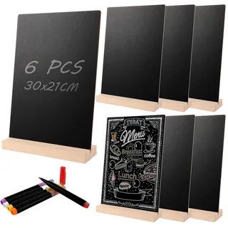 Kreidetafel, beidseitig – Kreidetafelständer – Holzfuß – A4-Format, 30 x 21 cm – 6 Stück – Für Feiern und Hochzeiten – Kleine Kreid...