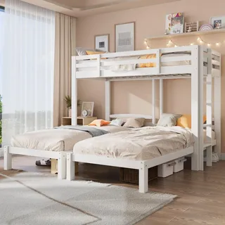Merax Etagenbett 90x200cm mit Leiter und Lattenrost, Dreierbett Kinderbett mit Rausfallschutz, Kiefer Stockbett Hausbett Hochbett für 3 Kindern, W... - Weiß