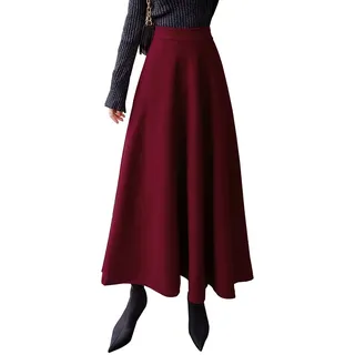 Damen Lang Rock Elegant Maxi Winterrock Plaid Warm Wollrock Hohe Taille Karierter röcke Herbst Elastische Taille Vintage A Linie Casual Midi Faltenrock C Red Wine M - M