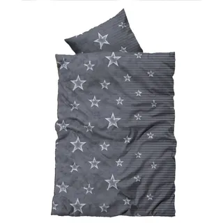 4 teilig Flausch Bettwäsche 135x200 cm Sterne Stars grau silber Thermofleece - Grau