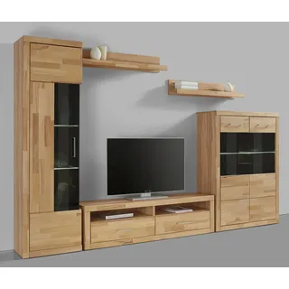OTTO home Wohnwand OTTO HOME "Ribe: 5teilig, Breite: 280cm,Fronten aus Massivholz,Korpus aus Melamin", beige (kernbuche teilmassiv), Holz teilmassiv, Kastenmöbel-Sets, Holz Wohnwände Wohnwand, Glaseinsatz aus gehärtetem Glas, Einlegeböden teilweise verstellbar
