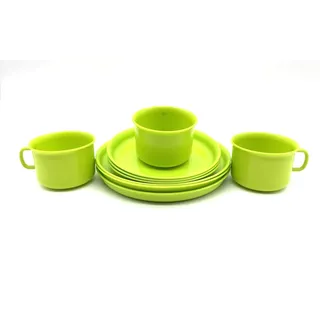 3 Stück Geschirr-Set Frühstücksset Geschirrservice Kaffeeservice Plastikgeschirr, besteht aus je 3 Tassen Untertassen und Teller, Kunststoff plastik, Mehrweggeschirr, Farbe limone