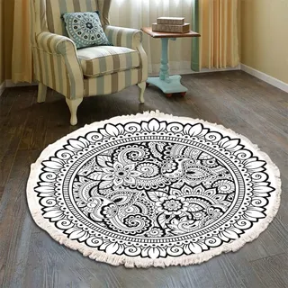 Runder Bohemian Teppich - Mandala Muster, Groß, Waschbar, Baumwolle Mit Quasten für Wohnzimmer, Schlafzimmer (100cm, Schwarz-Weiß)