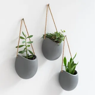 Kazai. Wandvasen -Ellie- | Hängende Keramik-Blumentöpfe 3-teilig | Wand-Deko für Zimmer, Balkon und Garten | Grau (matt)