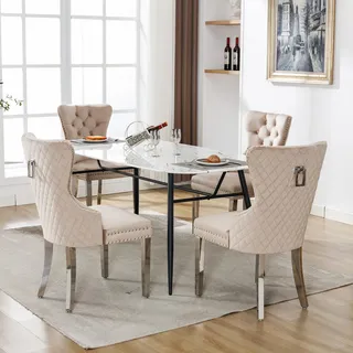 I0I&I0I Esszimmerstuhl (Küchenstuhl Wohnzimmerstuhl mit Einzigartigem Türklopfer auf der Rückseite), Polsterstuhl mit Nagelkopfbesatz,Stützbeine aus Metall, Bezug aus Samt (4, Beige)