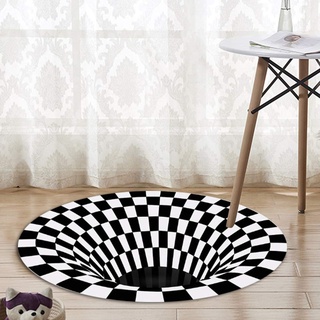 Leikance Runder Teppich, schwarz-weißes Gitter, 3D-Illusion, Vortex, Schlafzimmer, rutschfeste Bodenmatten, Polyester, schwarz-weiß, 120*120cm
