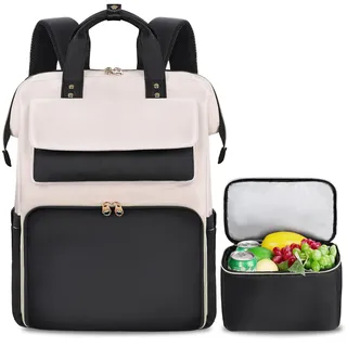 BERTASCHE Lunch Rucksack, Laptop Rucksack Damen 15,6 Zoll mit Isoliertes Kühltasche, 2-in-1-Arbeitsrucksack für Frauen/Arbeit/Business/Reisen/Lehrer/Schule/Uni,Schwarz-Beige