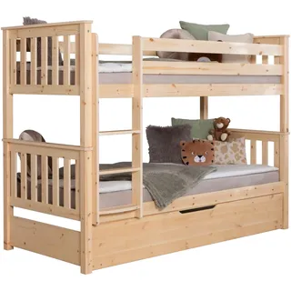 TiCAA Etagenbett, Kinderbett, Stockbett Funktionsbett für Kinder mit Treppe & Schubkasten mit Ausziehfunktion teilbar in Zwei Einzelbetten aus Kiefer Natur Massivholz Bettgestell 90 x 200