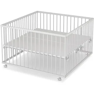 Sämann Laufstall Baby 120x120 cm | TÜV geprüft 2023 | stufenlos höhenverstellbar | Laufgitter XXL Premium | Babybett aus Holz | Krabbelgitter Komplettset weiß