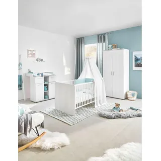 MY BABY LOU Babyzimmer Chico, Weiß Holzwerkstoff, 3 Fächer, 2 Schubladen, Lattenrost inklusive, Schlupfsprossen, Babymöbel, Babyzimmer-Sets