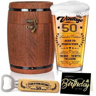 Joybble Geschenke zum 50. Geschenke für Männer, Personalisierte Bierglas mit Gravur, 1976-Bierglas in Fassbox 470ml, Deko 50 Geburtstag mit Geburtstagskarte, Flaschenöffner, Valentinstag Geschenkideen