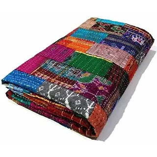 Manglam Arts Patchwork-Tagesdecke, Queen Size, Seide, 228,6 x 274,3 cm