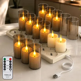 Soiarllt 12er Led Teelichter Wiederaufladbar mit Ladestation Fernbedienung | Abnehmbare Abdeckung, Timer, Flackernd, 80-100 Std. Laufzeit Teelicht Aufladbar Wohnzimmer Halloween Weihnachten Tisch Deko