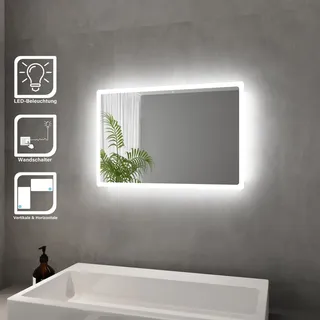 SONNI Badspiegel mit LED Beleuchtung energiesparend IP44 Kupfer/bleifreie Spiegel Mattiertes Lichtband(Ränder) Wandspiegel 60 x 40cm - Silber